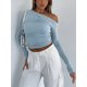 thumbnail image 3 of Tops cortos de color para mujer, camisetas lisas de manga larga con hombros oblicuos, camisetas ajustadas para primavera y otoño, ropa de calle TRKIYQC moda, 3 of 5
