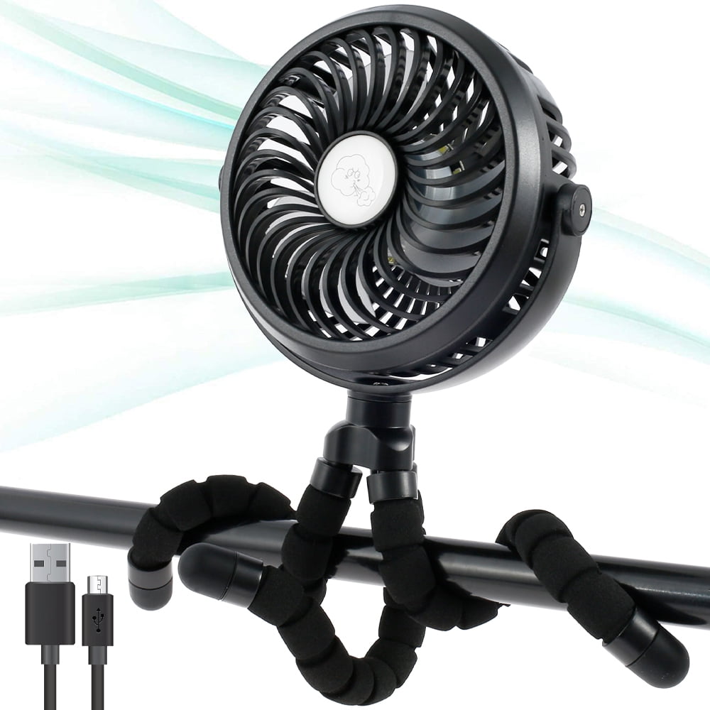 black SONARIN Handheld Stroller Fan,5000mAh Rechargeable Battery,3 Speeds USB Silent Universal Desk Fans with Flexible Tripod for Car/Stroller/Bike/Camping/BBQ/Gym 