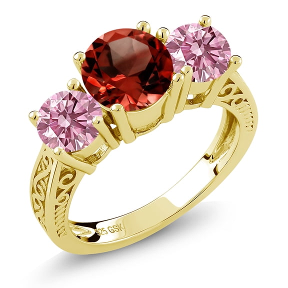 Gem Stone King 18K Yellow Gold Plated Silver Red Garnet and Pink Lab Grown Diamond Engagement Ring for Women | 2.50 Cttw | Round 7MM | Gemstone January Birthstone | Size 6