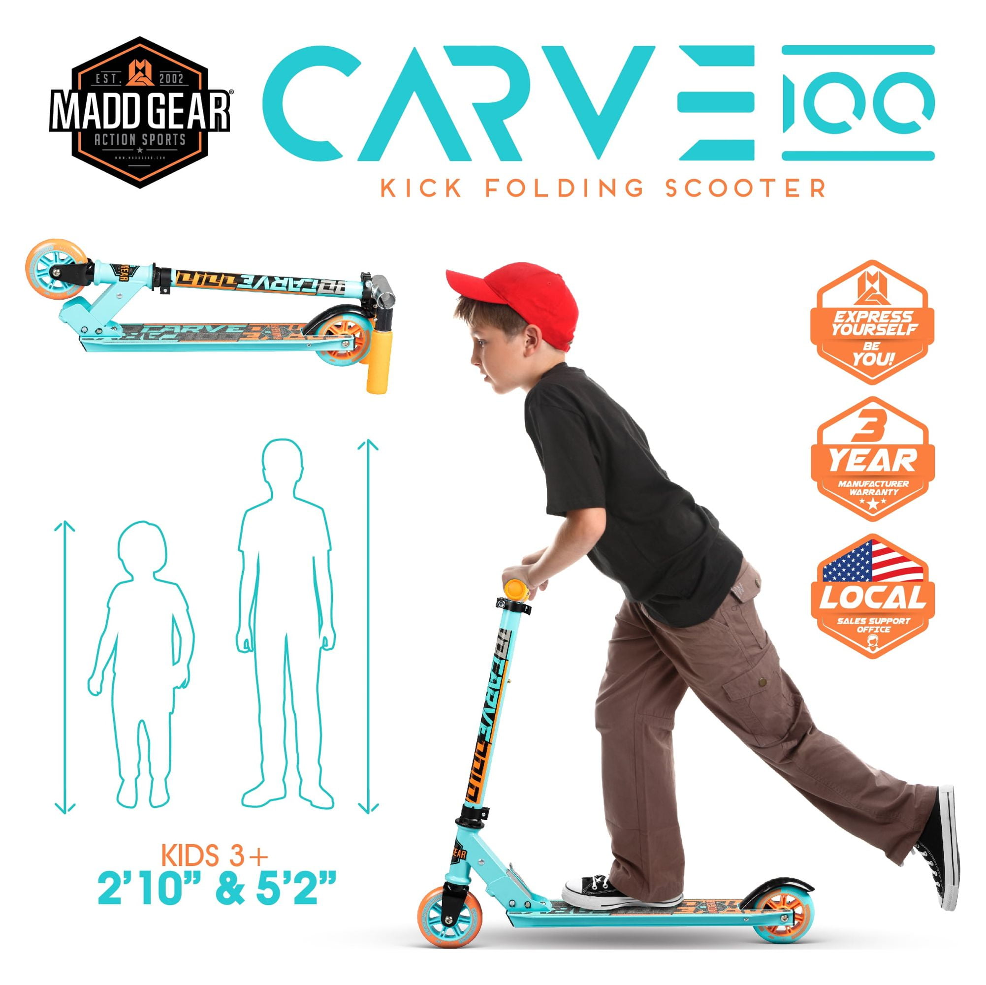 Madd Gear Carve 100 Folding Kids Inline Kick Scooter - Lightweight Height Adjustable 3 Yrs + Fully Assembled & Ready-to-Ride