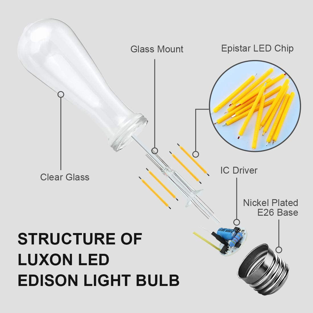 LED Edison Bulb,Dimmable,Vintage Style Light Bulbs,6W 5500K - 6000K Bright Daylight White,E26/E27 Base 6-Pack Antique Bulb by LUXON