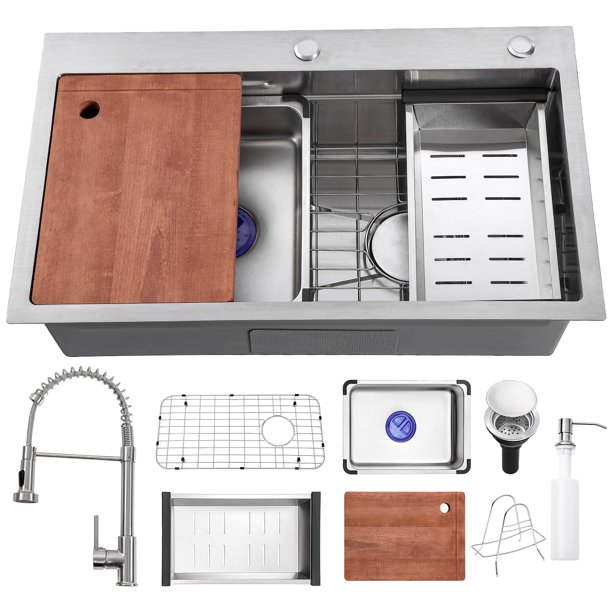 Fregadero de cocina, fregadero abatible de 30 pulgadas con grifo, moderna estación de trabajo, fregaderos de granja, fregaderos de cocina grandes de acero inoxidable de un solo tazón