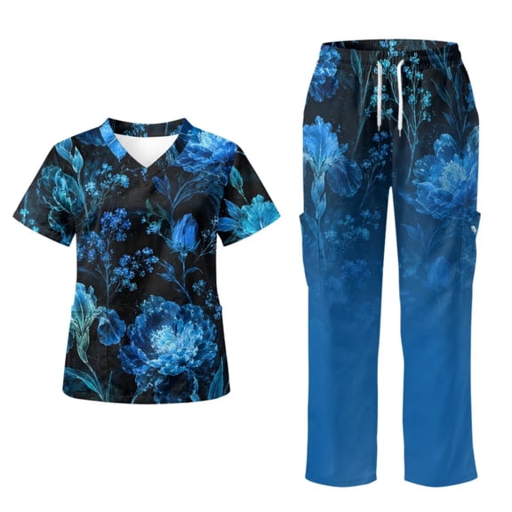 Chririnla Blue Floral Short Sleeve V-Neck Top & Pant Scrub Set, Women's Medical Scrubs, Stretch Pants Multiple Pockets