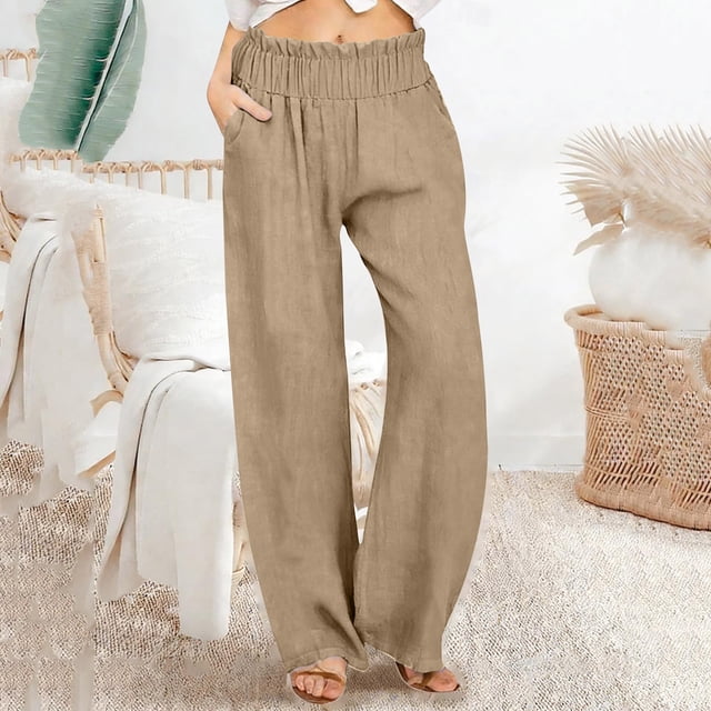 TaTaai Women Loose Fit Solid Cotton Linen Wide Leg Long Pants Casual Ladies Weekend Outdoor Vacation Wear Breathable No Fading Soft Stylish Versatile Trousers Gift