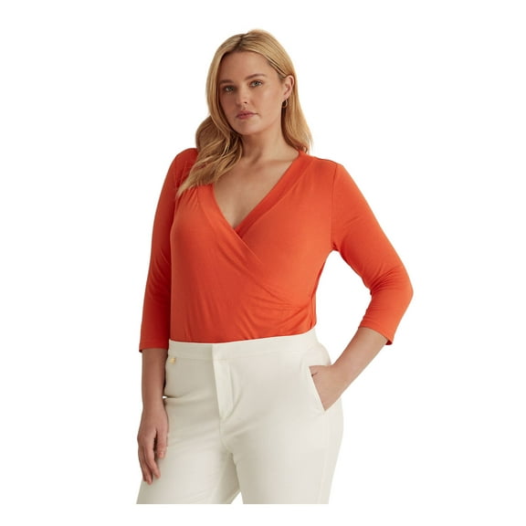 RALPH LAUREN Womens Orange Pleated 3/4 Sleeve Surplice Neckline Top 1X