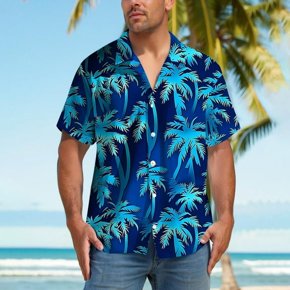 Men's Hawaiian Shirt Funky Blue Beach Printed Tropical Beach Shirt Casual Button Down Short Sleeve Floral Shirts Tops