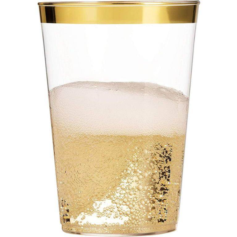 100 Pk 12 oz Clear Plastic Cups  Gold Rimmed Disposable Cups