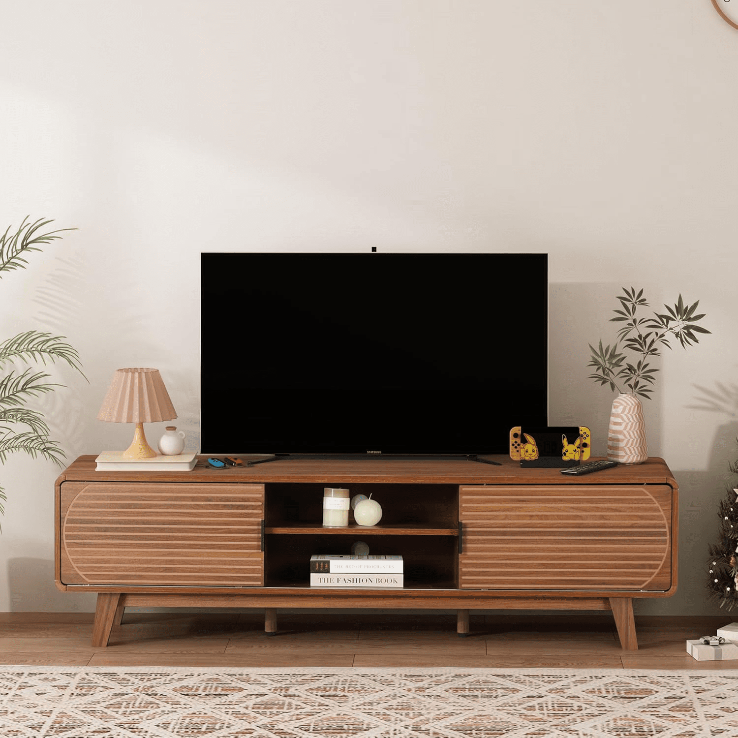 LEFHDA 62" TV Stand for 60/65/70 Inch TV, Mid Century Modern TV Console, Entertainment Center Console with Storage, Engraving Design TV Stand for bedroom & Living Room (Walnut）