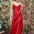 thumbnail image 4 of Vedolay Plus Size Dress Women's Satin Spaghetti Straps Cowl Neck Ruch Midi Dresses,Red L, 4 of 5