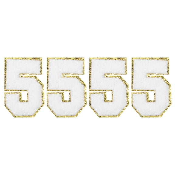 4 Packs Glitters Chenille Number Patches 8.4cm / 3.3" Embroidery Numbers Patches for T-Shirt, Hats, Bags (White, 5)