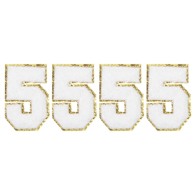 Paquete de 4 parches de números de chenilla con brillo de 8.4 cm / 3.3" para bordar en camisetas, gorras, bolsas (blanco, 5)