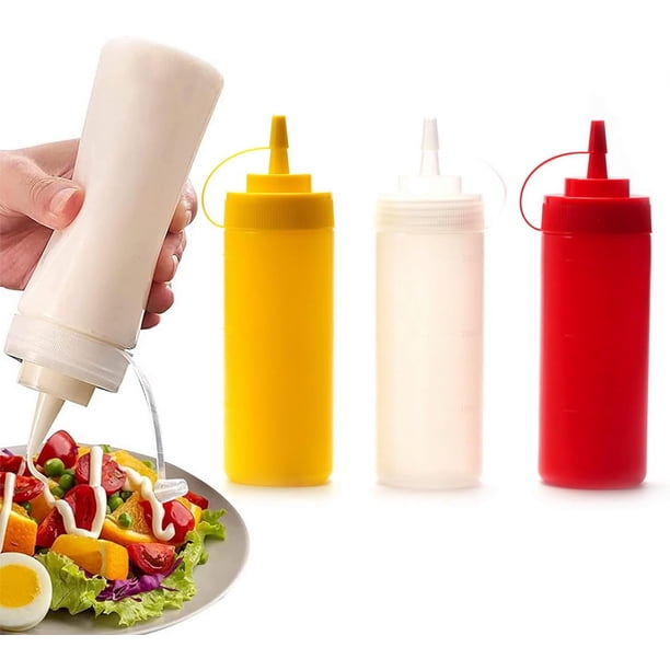 Nvzi 3 botellas de plástico para salsa exprimible con tapas de boquilla, dispensadores reutilizables para condimentos (350 ml)