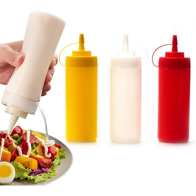 Nvzi 3 botellas de plástico para salsa exprimible con tapas de boquilla, dispensadores reutilizables para condimentos (350 ml)