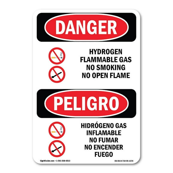 OSHA Danger Sign - Hydrogen Flammable Gas No Smoking Bilingual | Plastic Sign | Protect Your Business, Construction Site, Shop Area |  Made in The USA