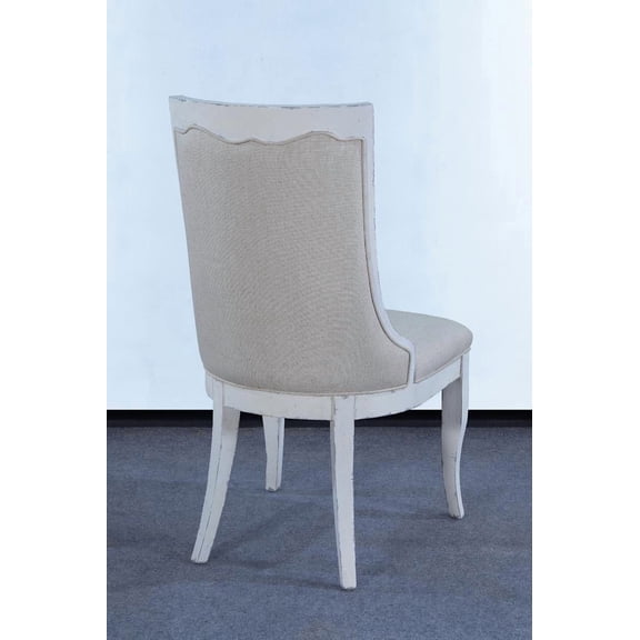 Side Chair Rampart Curved Back Distressed White Wood, Button Tufted Sand Linen