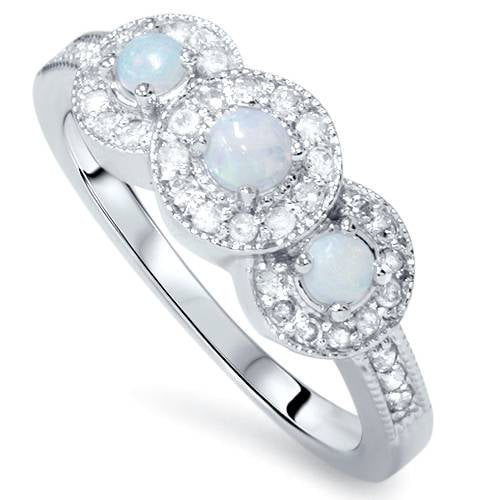 Pompeii 1/2ct Opal Diamond 3-Stone Halo Ring 14K White Gold (G/H,I1-I2)
