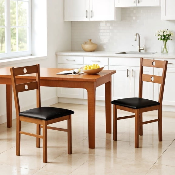 Resenkos Wooden Dining Chairs Set of 2, Armless Kitchen Chairs with Hollowed Backrest, Waterproof PU Seat for Dining Room, Brown
