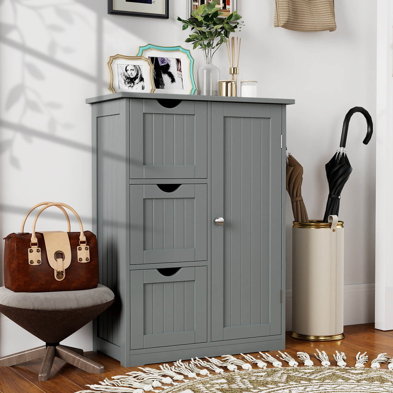 Costway Bathroom Floor Cabinet Side Storage Cabinet with 3 Drawers and 1 Cupboard Grey