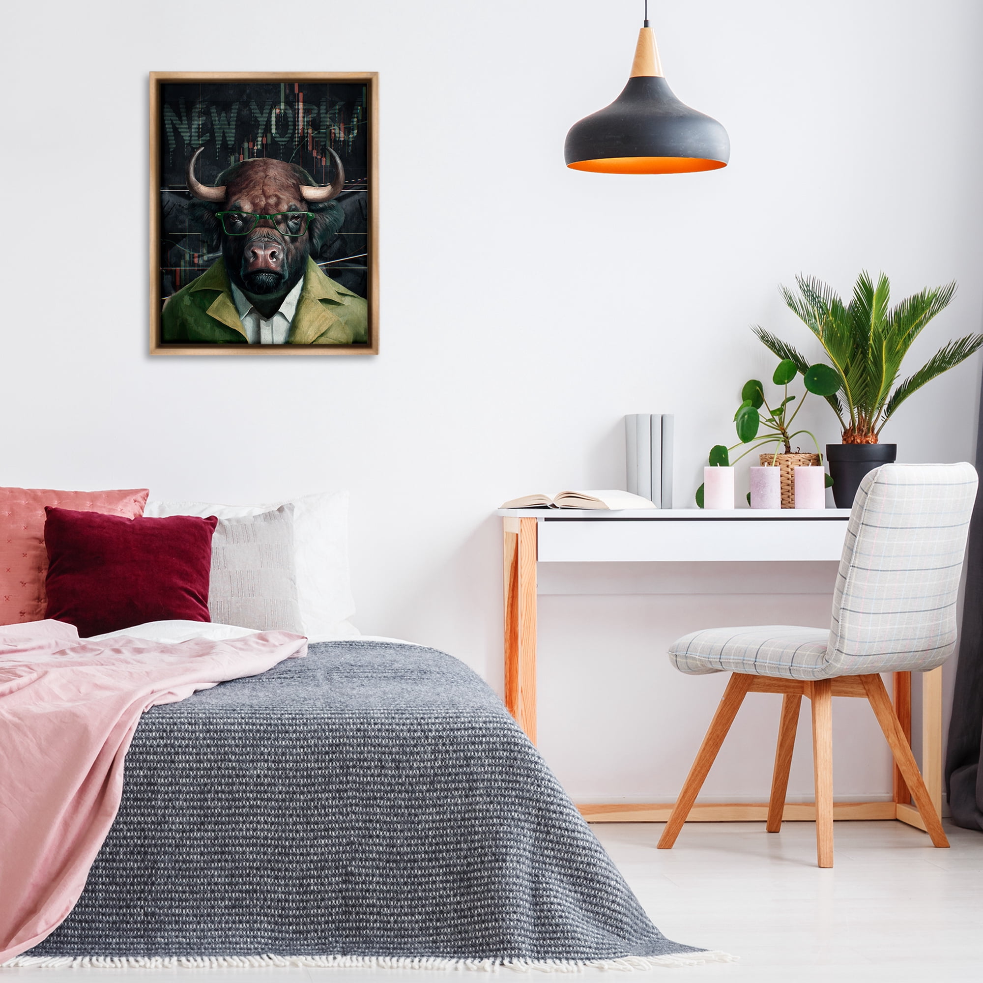 Stupell Industries Stylish Bull New York Animals Painting Brown Floater Framed Canvas Art Print Wall Art, 25 x 31