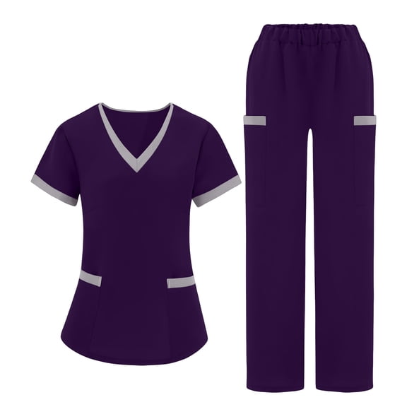 asdoklhq Women's Scrub Set Breathable Stretchy Pants Women's Color-blocked Short-sleeved V-neck Pocket Trousers Loose-fitting Caregiver Uniform Set Purple L