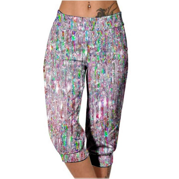 Mujeres Capri Pantalones Casual Suelto Largo Pantalones de Impresión con Corbata Elástica Cintura Y Bolsillos