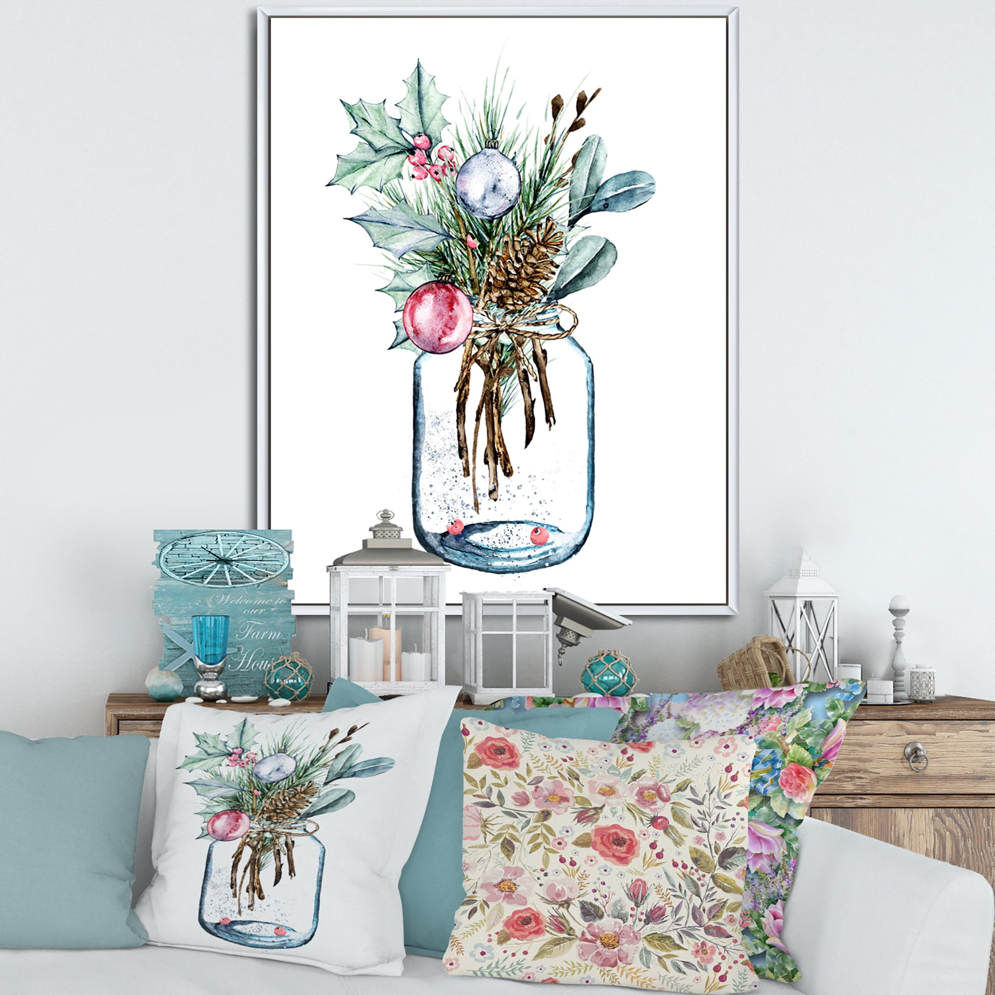 Designart 'Merry Christmas Bouquet In Transparant Jar' Traditional Framed Canvas Wall Art Print