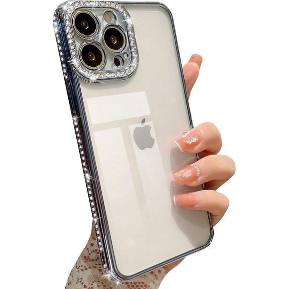 Compatible with iPhone 13 pro max Bling Plating Case, Luxury Glitter Cute 3D Rhinestone Diamond Sparkly Shiny Clear Case for Women Girls Shockproof Camera Protective Back Cover - Light Blue