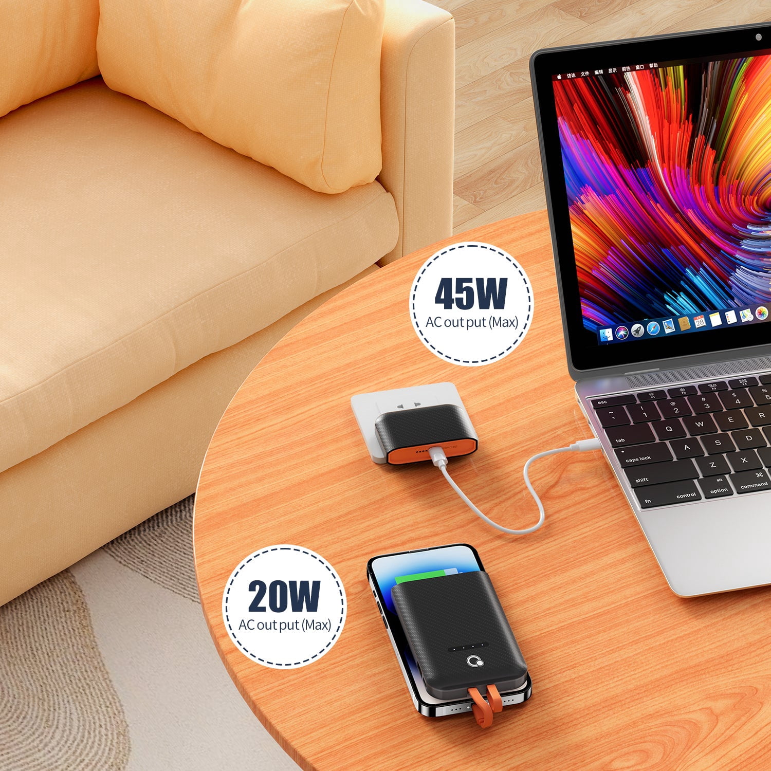 Q 45W Detachable Magnetic Portable Power Bank Charger with Built-in Cables AC wall plug,Separate Dual port USB C Fasting Charging Power Pack 20W 10000mAh External Battery Charger With Cords