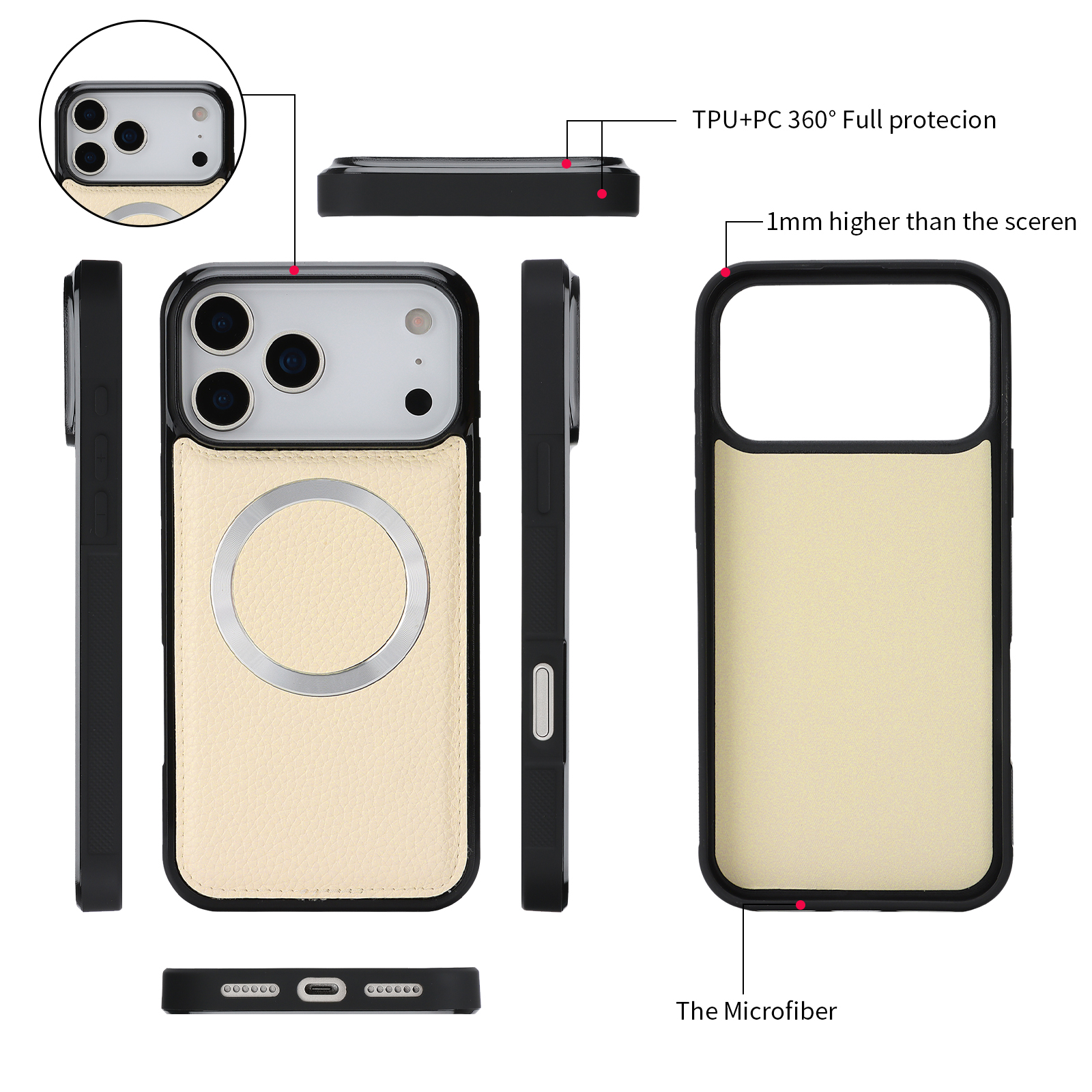 Dteck Crossbody Wallet Case for iPhone 17 Pro Max, Magnetic Detachable Floral PU Leather Phone Case with RFID Blocking Card Holder Wristlet Mirror Flip Zipper Shoulder Purse Bag for Women, Beige