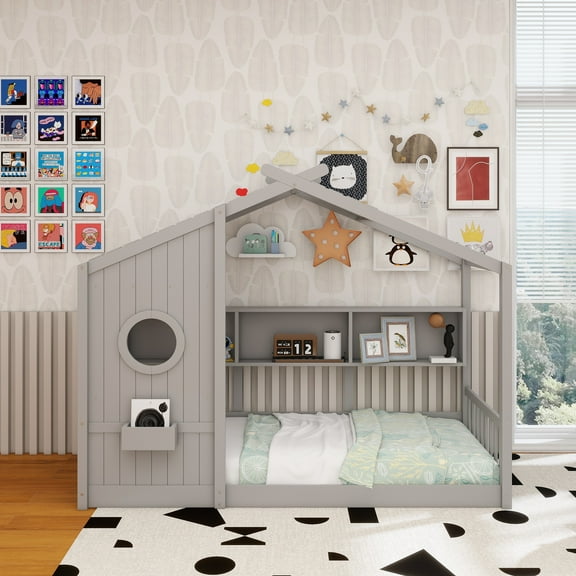 Twin Size Floor House Bed for Toddler, Kids Montessori Bed with Storage Shelf, Playhouse Bed with Roof Design, Gray