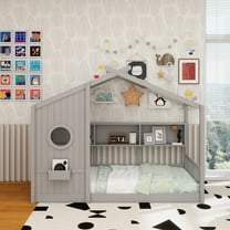 Twin Size Floor House Bed for Toddler, Kids Montessori Bed with Storage Shelf, Playhouse Bed with Roof Design, Gray