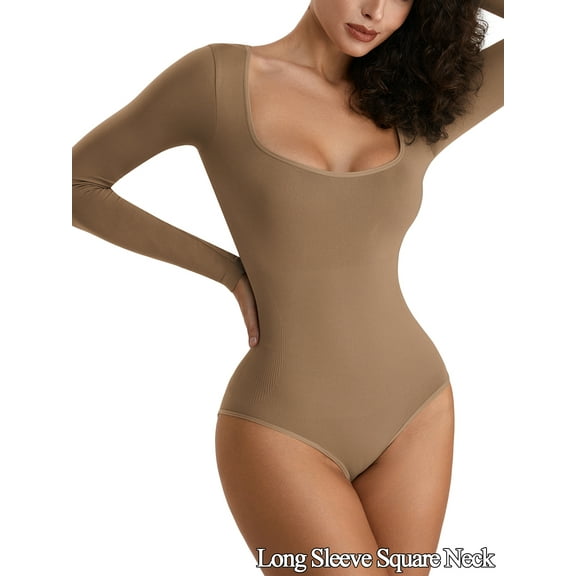 LELINTA Strapless Shapewear Bodysuit Tops Body Shaper for Women Square Neck Long Sleeve T-shirt Top