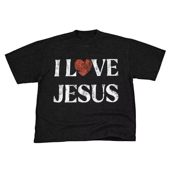 Women's I Love Jesus Graphic T-Shirt - Distressed Heart Design Print Short Sleeve Tee with Red Love Lettering, Christian Faith Tops