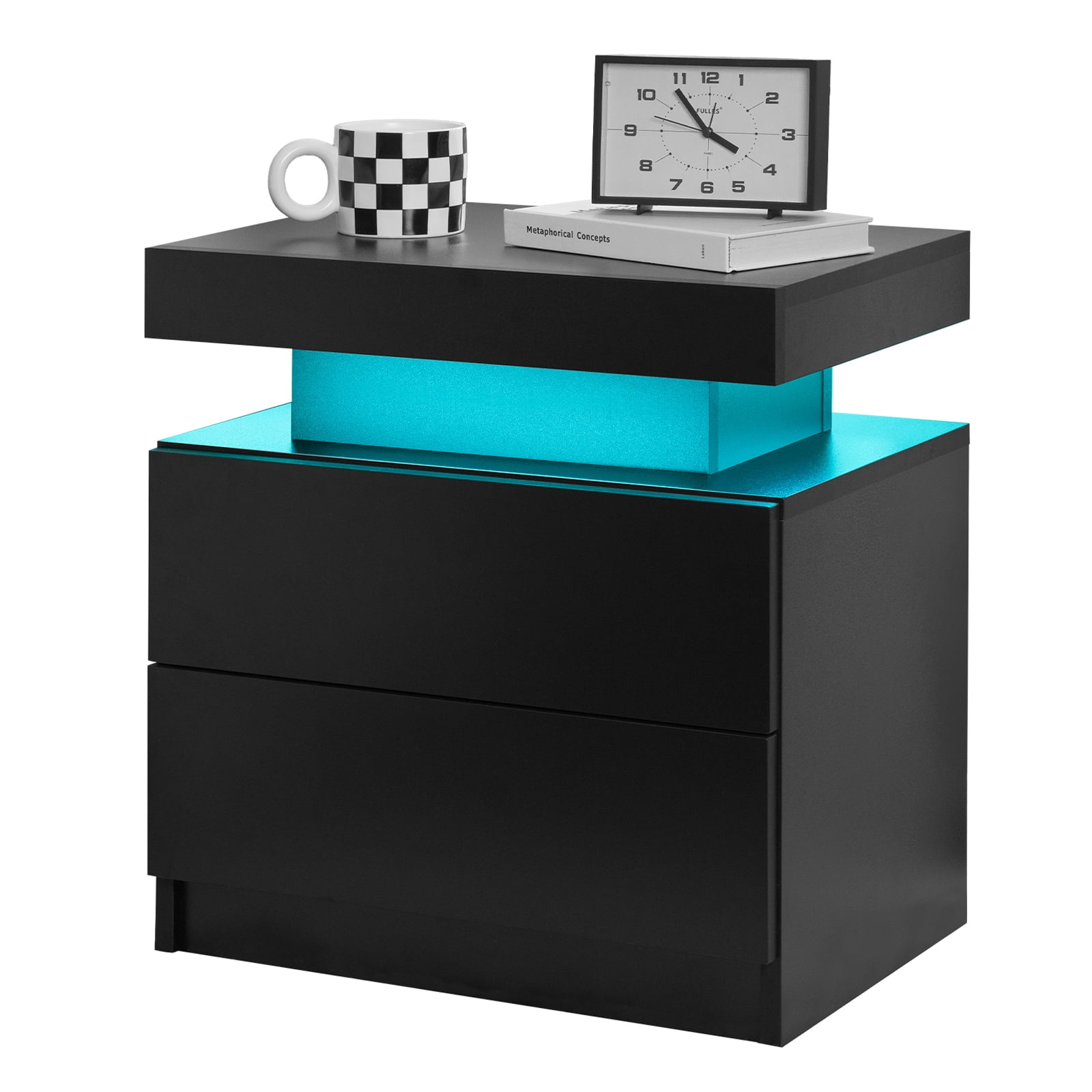 Leumius 2 Drawer Modern Nightstand with LED Light Small Bedside Tables End Side for Bedroom,Black