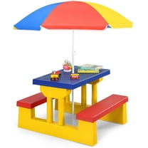 KOTEK Kids Picnic Table Set w/Removable Umbrella, Outdoor Party Table and Bench for Tea Time & Study, Brightly Colored Toddler Activity Table for Home, Kindergarten & Nursery (Multicolor)