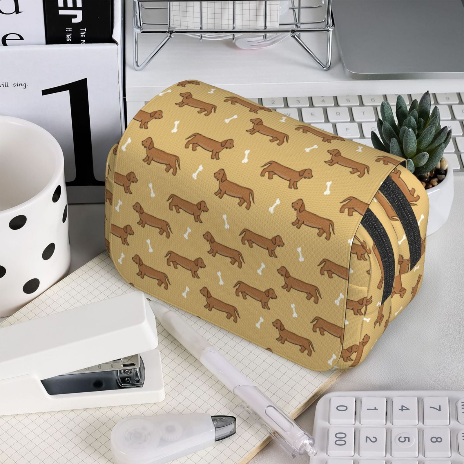 Rateoe Dachshund Dog Puppy Pattern Double Clamshell Pen Case, Storage Organizer with Two Zipper Compartments– Holds Up to 50 Pencils & Pens