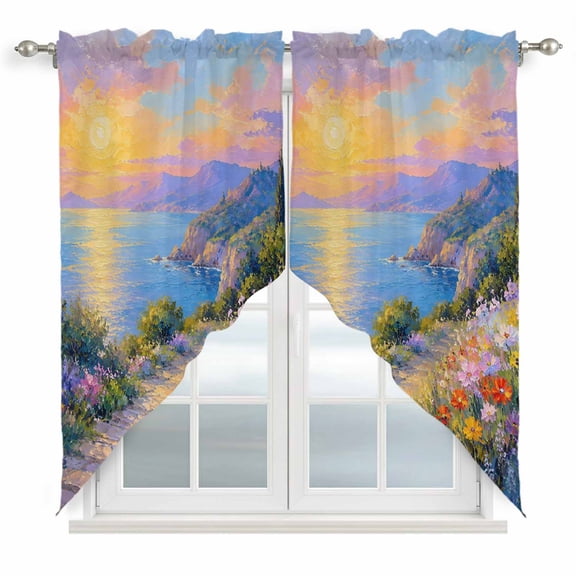 Sunset Swag Valances for Windows, Kitchen Window Curtains Over Sink, Colorful Wildflower Path Cottagecore Ocean Window Treatment Curtains for Living Room/Bedroom Curtains 2 Panel Sets 36"x45"