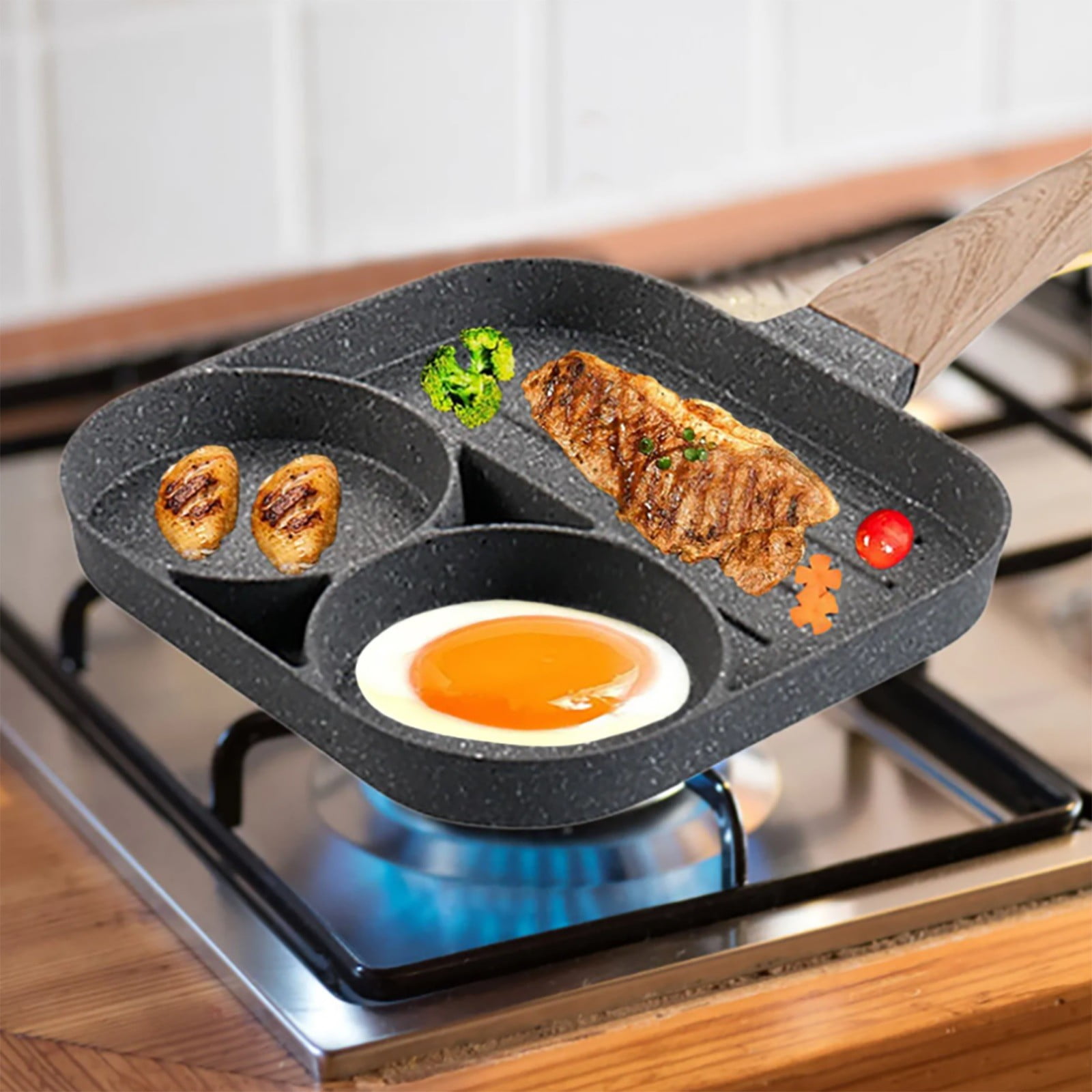 Mfigree Nonstick Divided Grill Pan for Stove Tops, 3-Section Versatile Breakfast Grilling Pan, Durable Square Grill Skillet, Steak Griddle Pan,Induction Compatible