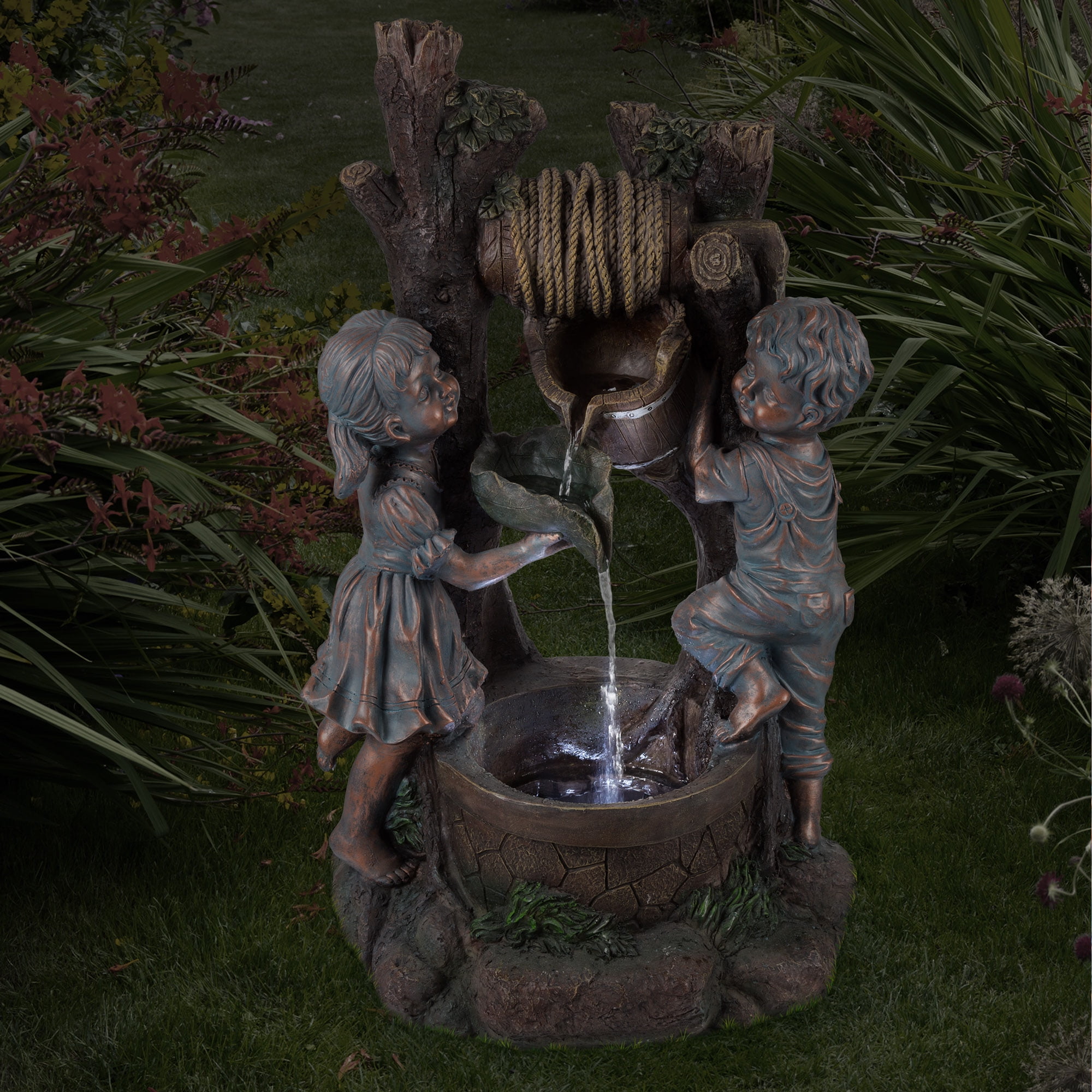 Pure Garden Polyresin Boy and Girl Outdoor Water Fountain (Antique Bronze)
