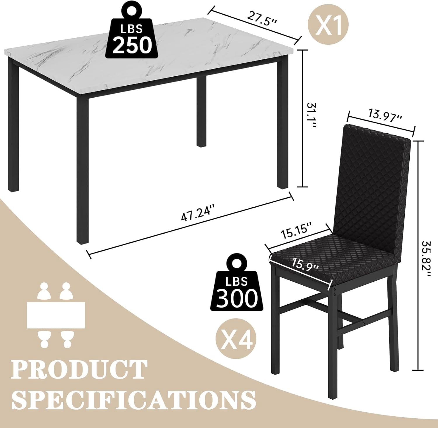 Baxluxe Dining Table Set for 4, Modern 5 Piece Dining Table Set, Faux Marble Kitchen Table and 4 Velvet Upholstered Chairs for Apartments, Dining Rooms, Small Spaces, White/Black