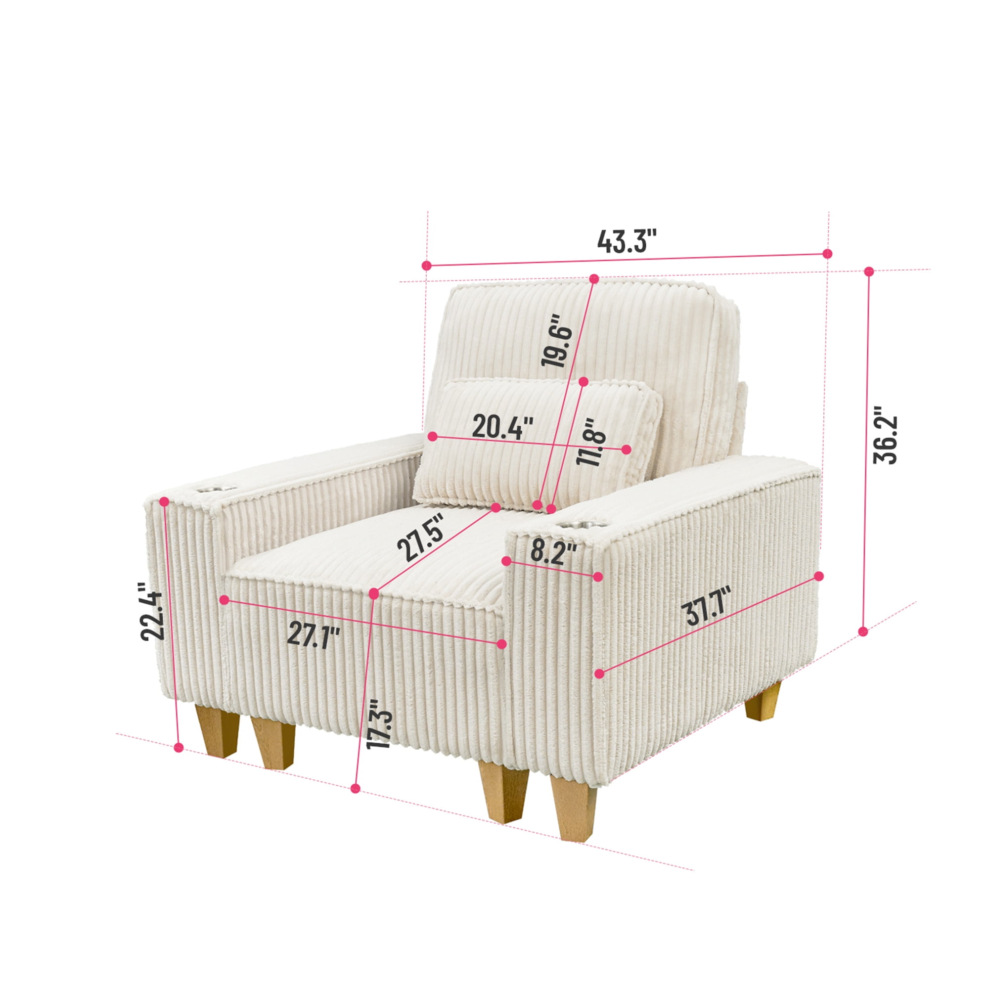Aukfa 3 Piece Sofa Set - 43.5" Oversized Armchair Couch w/ Cup Holders&Pillows, Solid Wood Legs, Beige