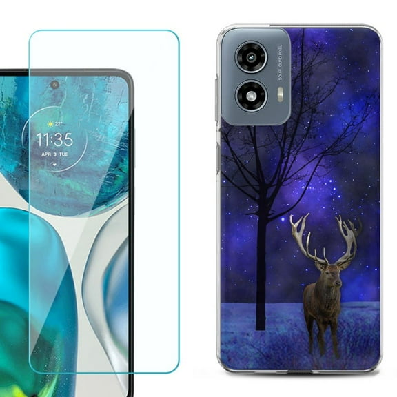 OneToughShield ® Shockproof Phone Case Compatible with Motorola Moto G Power 5G 2024, with Tempered Glass Screen Protector - Midnight Deer