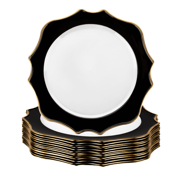 Koyal Wholesale Black  Acrylic Charger Plates Round with Gold Modern Scallop Edge, Set of 4