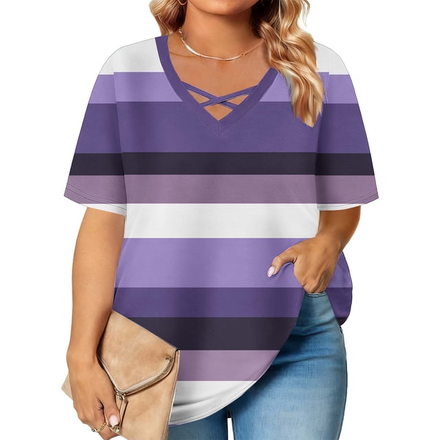 Blouse à Rayures Grande Taille Col en V Croisé devant - Manches Courtes Coupe Ample Décontractée Habillée Surdimensionnée, Violet, 5x-Grand