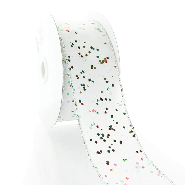 Wired White Spangle Glitter Ribbon 2 1/2 Inch Wedding Winter Christmas  Holiday July 4th 