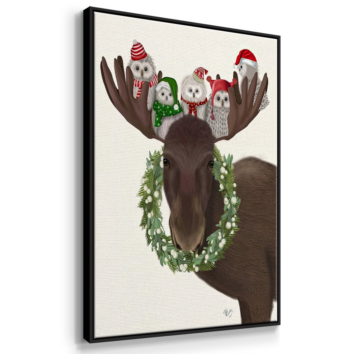 Christmas Moose and Christmas Owls - Framed Gallery Wrapped Holiday Canvas - 25 x 37 - Black Frame