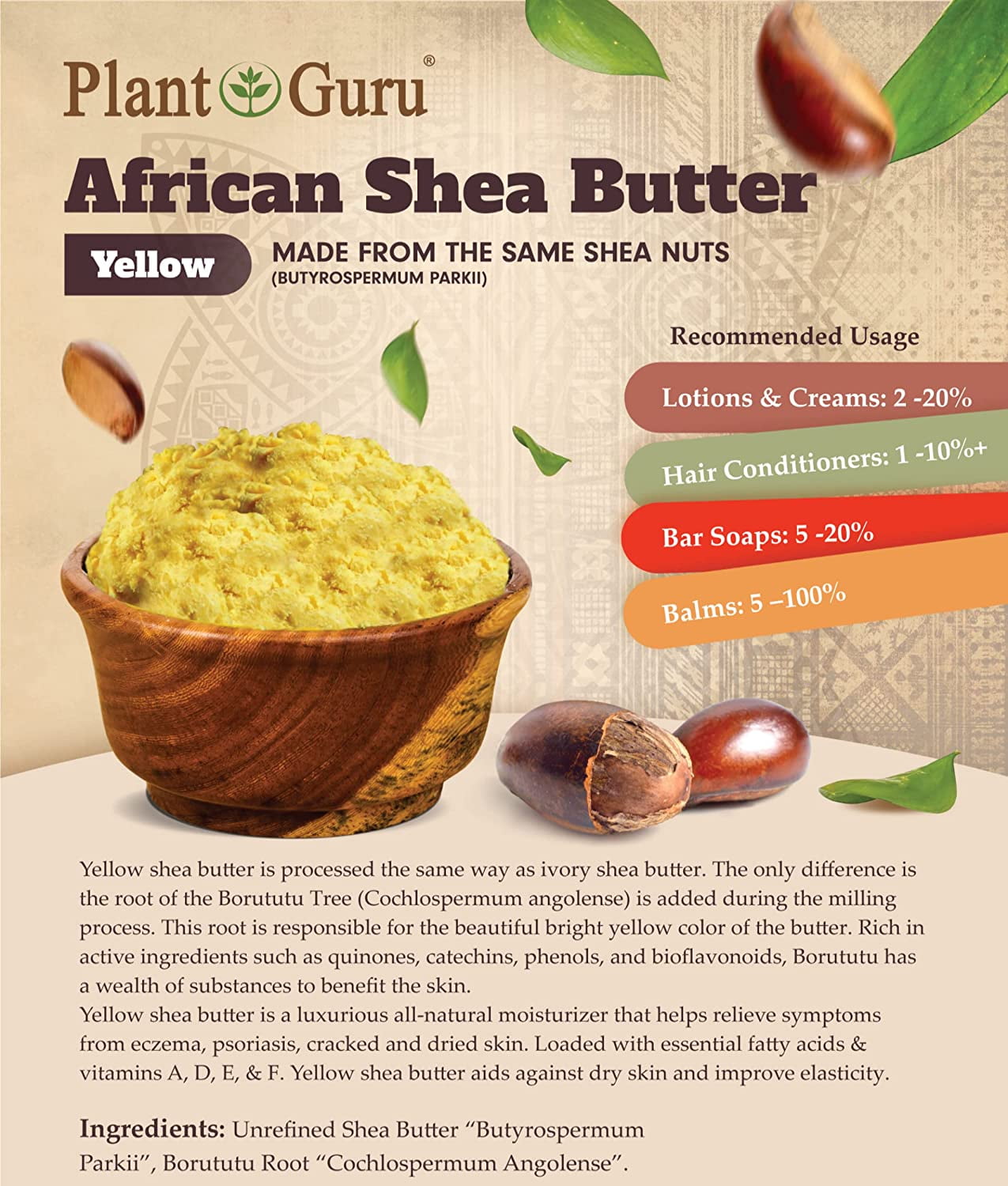 Raw African Shea Butter 5 lbs. Bulk Wholesale Block 100% Pure Natural Unrefined Organic Yellow From Ghana DIY Craft, Body, Lotion, Cream, lip Balm, Soap Making, Eczema, Psoriasis, Stretch Marks