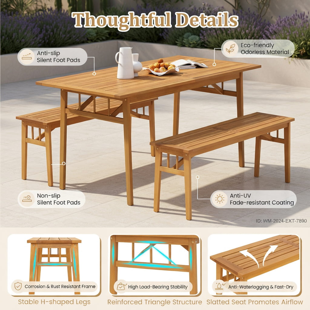 Hommoo 48" Acacia Wood Bench, Dining & Garden Bench with Breathable Slat Seat, Triangular Support Frame, Natural