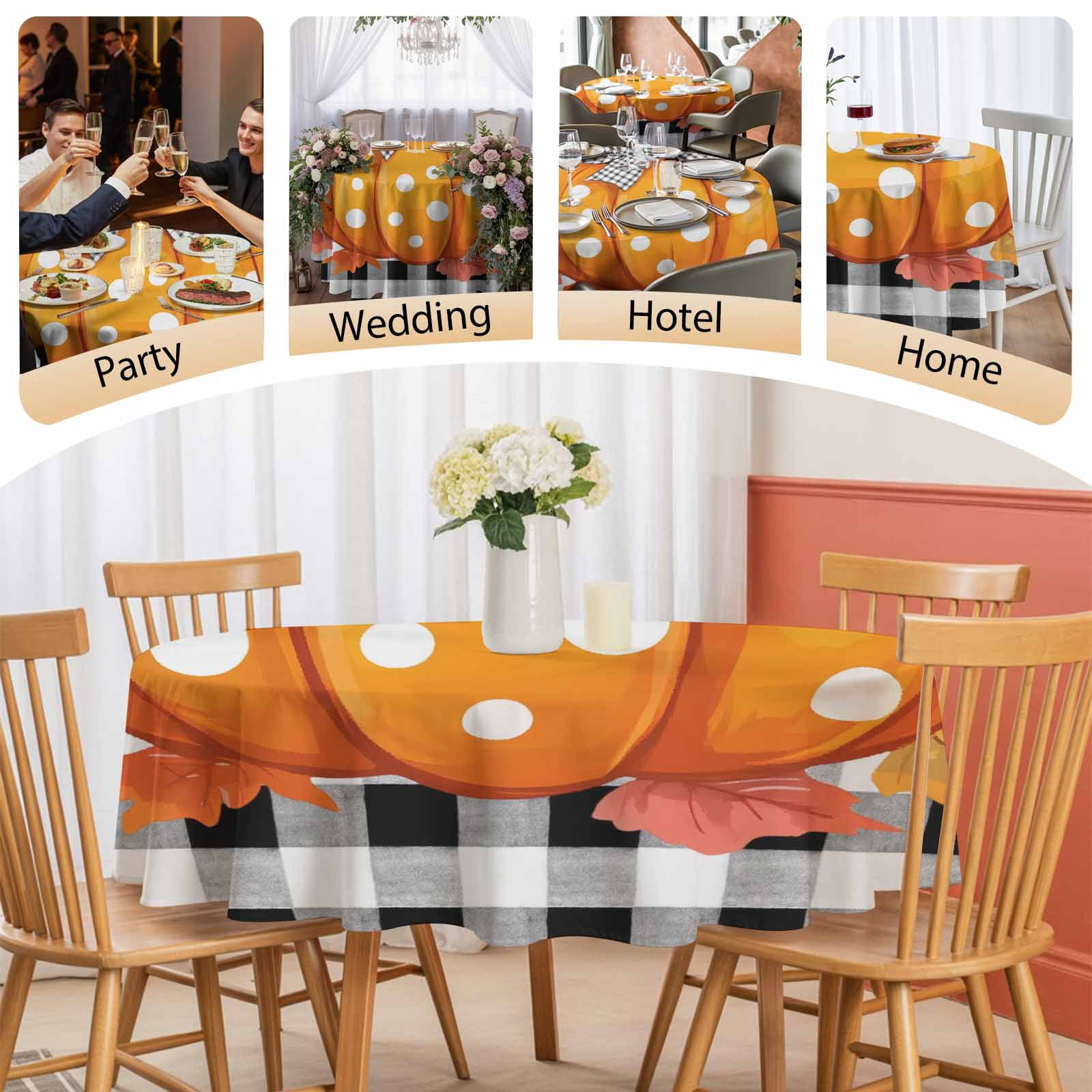 Round Tablecloth Fall Thanksgiving Waterproof Oil Proof Polyester Table Cloth Cover Decor for Home Dining Outdoor,Patio,Parties, 54" Dia. Farmhouse Pumpkins Black Whtie Plaid