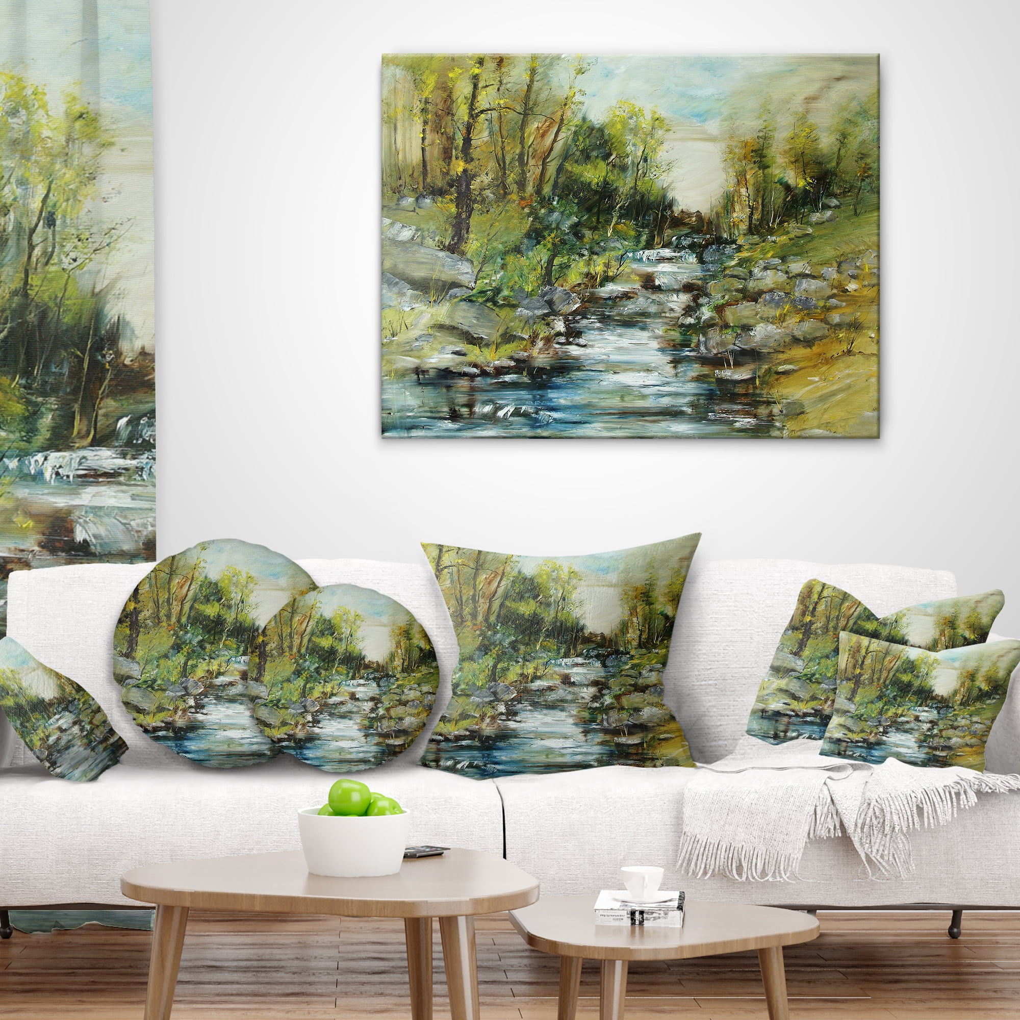 Designart Rocky Terrain with Creek - Landscape Painting Throw Pillow - 12x20